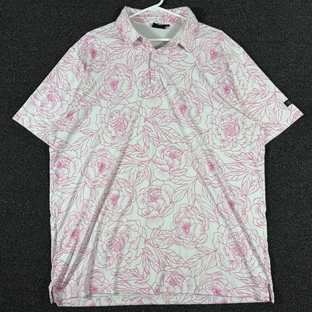 Sunday Swagger Mens XL Golf Polo Shirt Pink White Floral Peony Performance Golf